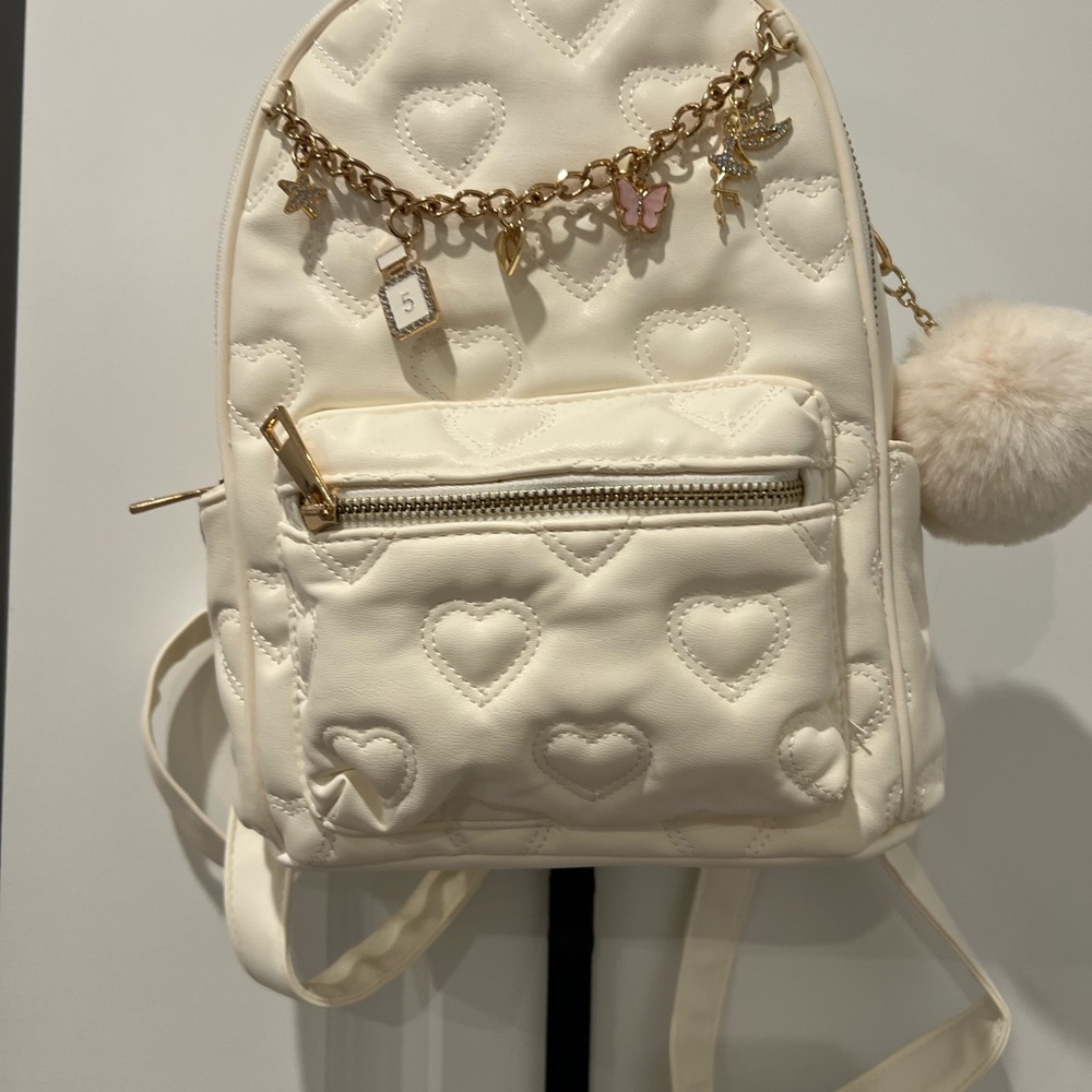 Cream Heart-Patterned Backpack with Charm Chain